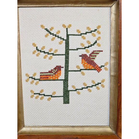 Vintage Cross-Stitch Bird Tree Art In Rustic Wood Frame - Picture 3 of 6